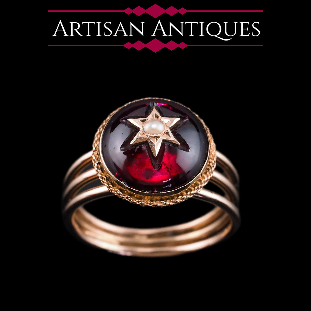 Antique Victorian 14ct Gold Garnet Star Cabochon Ring with Seed Pearl - c.1880