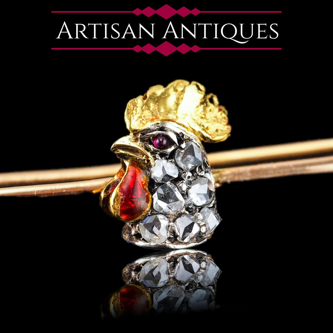 Antique Victorian Diamond and Ruby 15ct Gold Cockerel/Rooster/Chicken Brooch Pin - c.1890