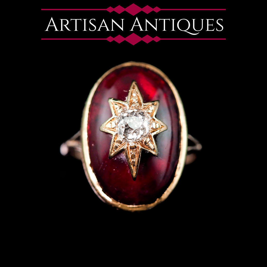 Large Antique Victorian 18ct Gold Garnet Cabochon & Diamond Star Ring - c.1860