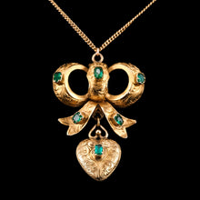 Load image into Gallery viewer, Antique Victorian Emerald 18ct Gold Bow Heart Pendant Necklace - c.1880
