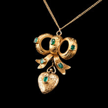 Load image into Gallery viewer, Antique Victorian Emerald 18ct Gold Bow Heart Pendant Necklace - c.1880
