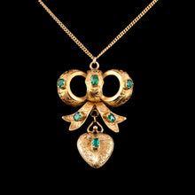 Load image into Gallery viewer, Antique Victorian Emerald 18ct Gold Bow Heart Pendant Necklace - c.1880
