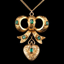 Load image into Gallery viewer, Antique Victorian Emerald 18ct Gold Bow Heart Pendant Necklace - c.1880
