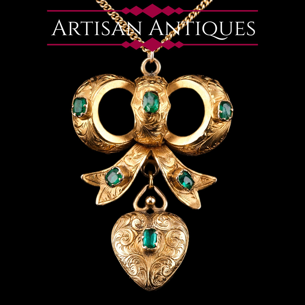 Antique Victorian Emerald 18ct Gold Bow Heart Pendant Necklace - c.1880