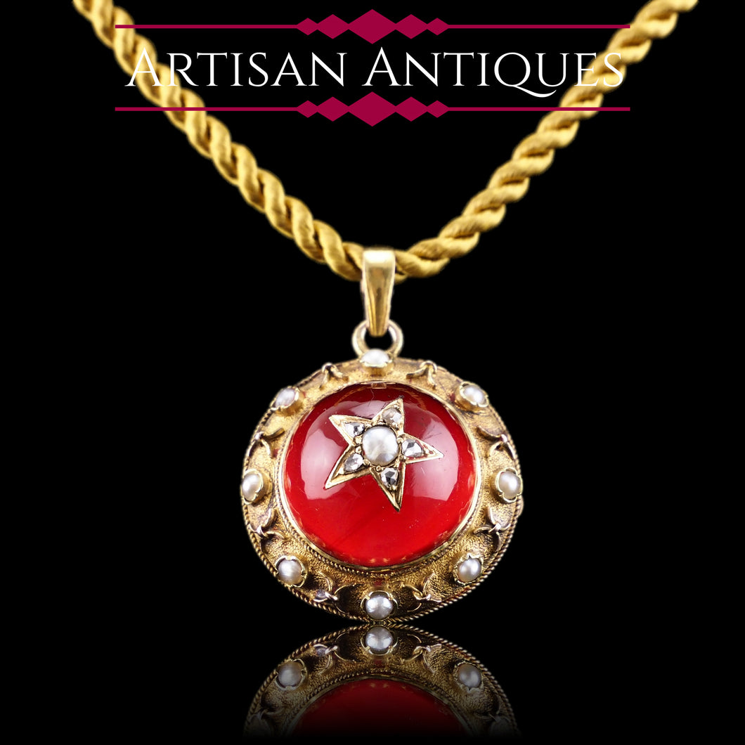 Antique Victorian Diamond & Pearl Star Necklace with Red Rock Crystal Cabochon 15ct Gold - c.1880