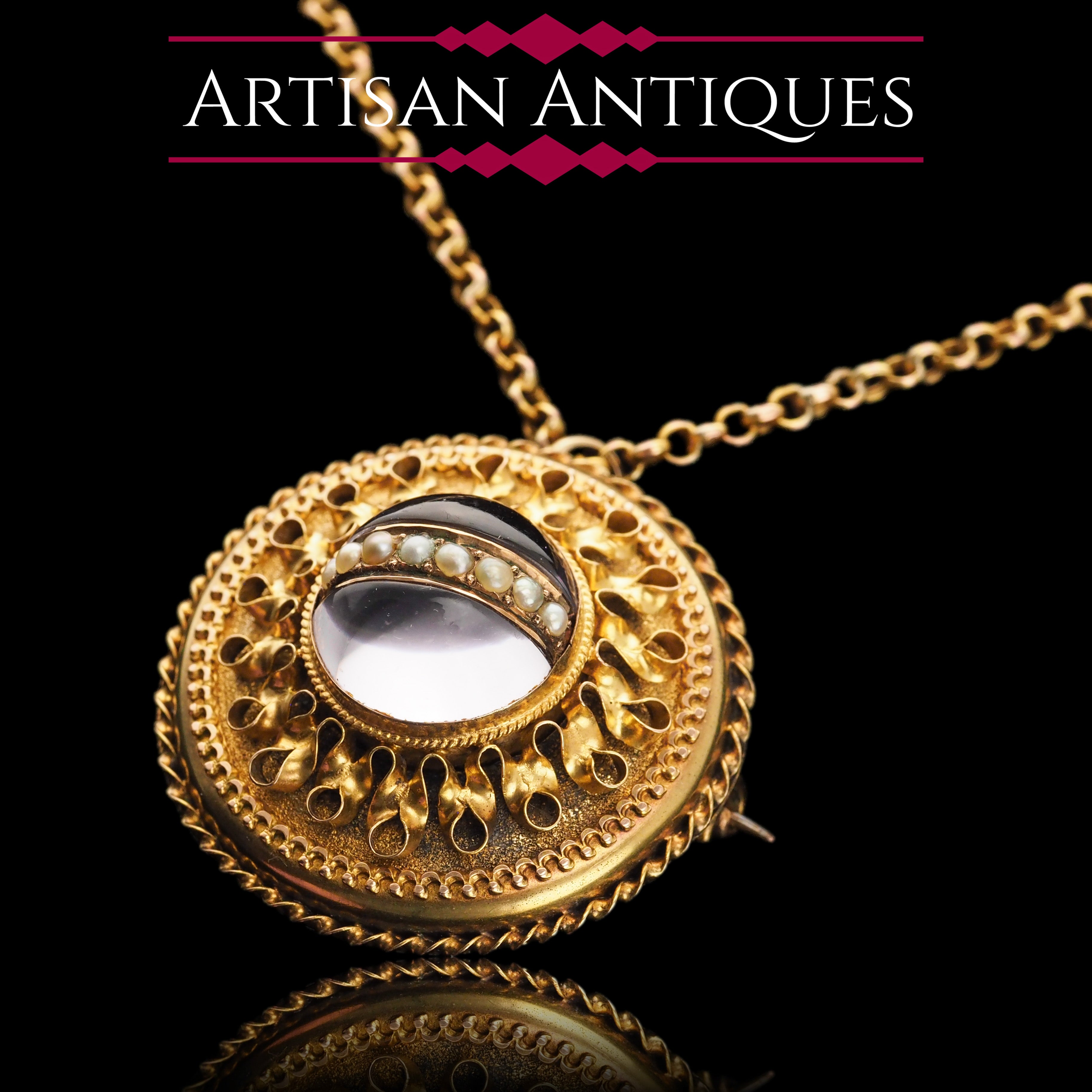 Spectacular Antique Victorian Etruscan Style 15ct Gold Rock Crystal Cabochon Pendant Necklace c.1870