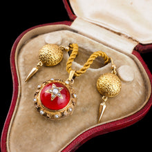Load image into Gallery viewer, Antique Victorian Diamond &amp; Pearl Star Necklace with Red Rock Crystal Cabochon 15ct Gold - c.1880
