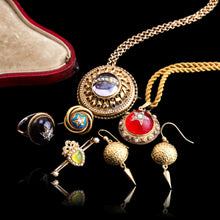 Load image into Gallery viewer, Antique Victorian Diamond &amp; Pearl Star Necklace with Red Rock Crystal Cabochon 15ct Gold - c.1880
