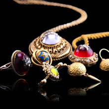 Load image into Gallery viewer, Antique Victorian Diamond &amp; Pearl Star Necklace with Red Rock Crystal Cabochon 15ct Gold - c.1880
