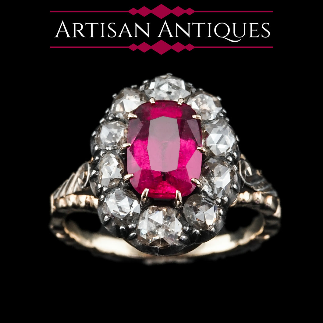 Fabulous Antique Victorian Rubellite/Pink Tourmaline & Diamond Cluster Ring - c.1880