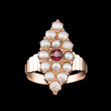 Load image into Gallery viewer, Antique Victorian Ruby &amp; Seed Pearl Navette Ring 14ct Rose Gold - c.1900
