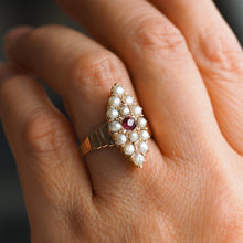 Load image into Gallery viewer, Antique Victorian Ruby &amp; Seed Pearl Navette Ring 14ct Rose Gold - c.1900
