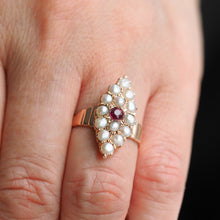 Load image into Gallery viewer, Antique Victorian Ruby &amp; Seed Pearl Navette Ring 14ct Rose Gold - c.1900

