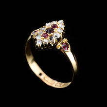 Load image into Gallery viewer, [RESERVED] Antique Victorian Ruby &amp; Diamond Navette Ring 18ct Gold - Birmingham 1886
