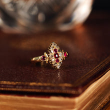 Load image into Gallery viewer, [RESERVED] Antique Victorian Ruby &amp; Diamond Navette Ring 18ct Gold - Birmingham 1886
