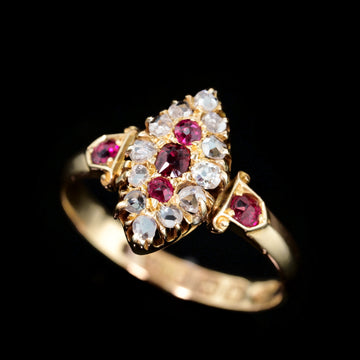 RESERVED] Antique Victorian Ruby Diamond Navette Ring 18ct Gold