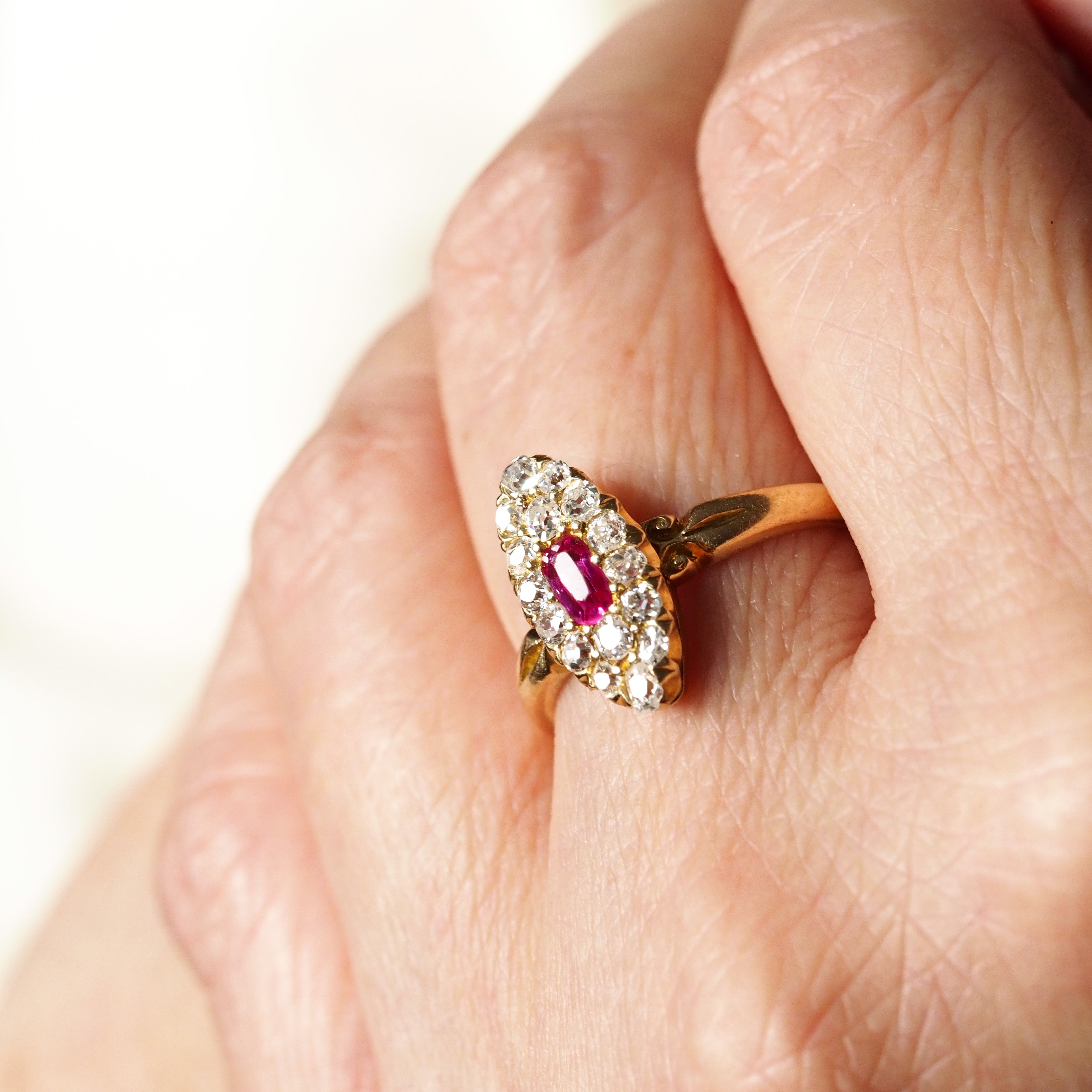 Antique Victorian Ruby Diamond Ring 18K Gold Cluster Navette Design 1886 Artisan Antiques