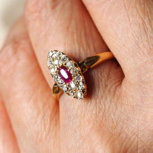 Load image into Gallery viewer, Antique Victorian Ruby &amp; Diamond Ring 18ct Gold Cluster Navette Design - 1886

