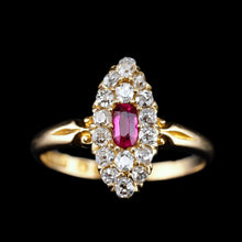 Load image into Gallery viewer, Antique Victorian Ruby &amp; Diamond Ring 18ct Gold Cluster Navette Design - 1886
