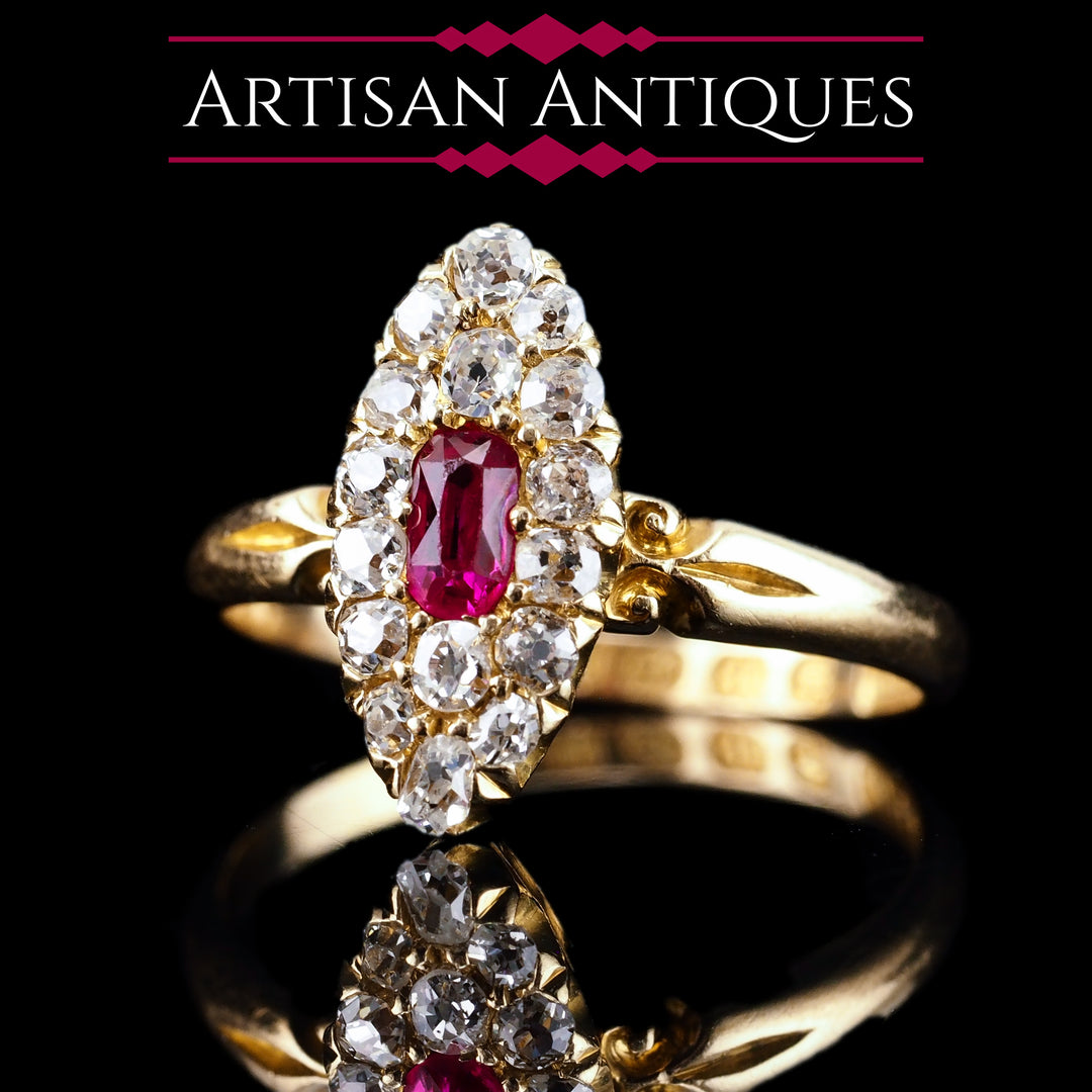 Antique Victorian Ruby Diamond Ring 18K Gold Cluster Navette