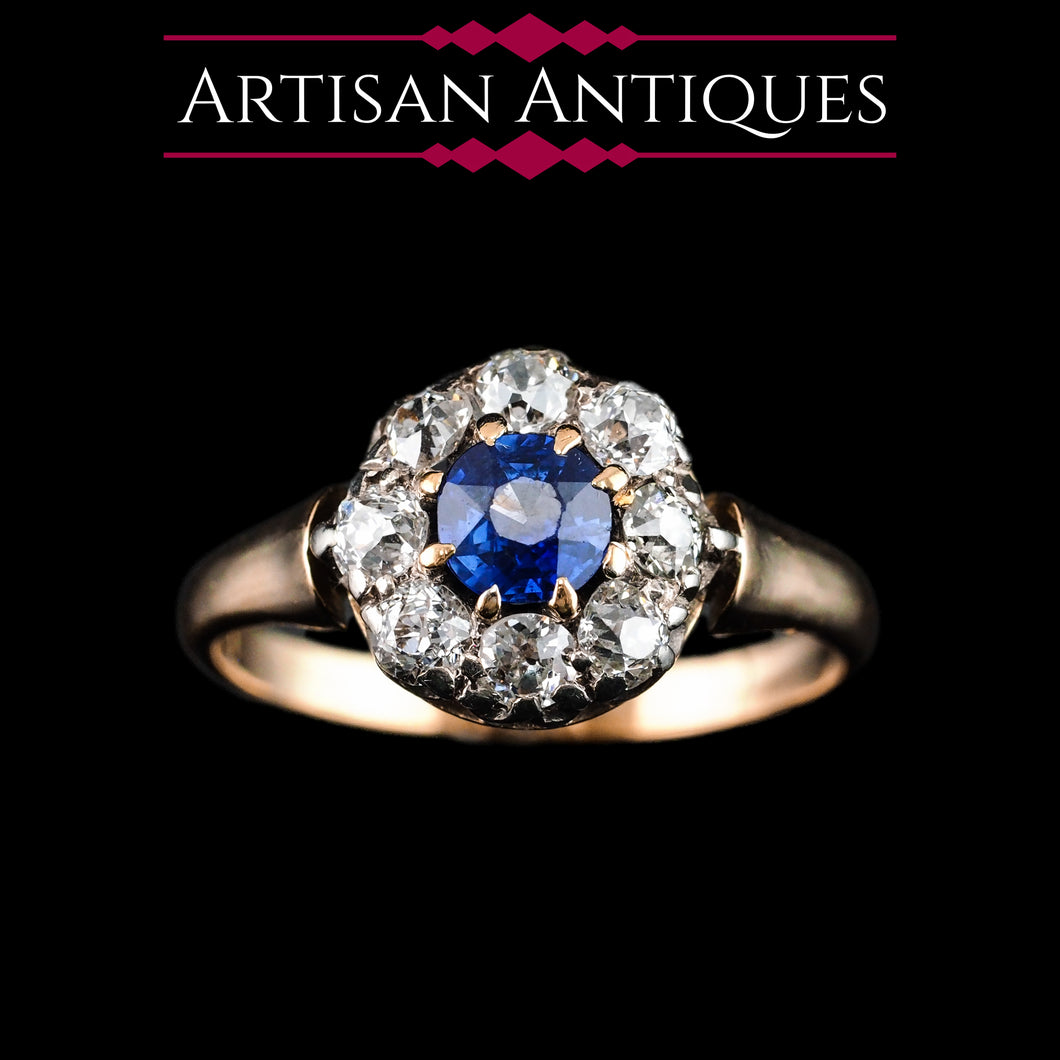 Antique Victorian Sapphire & Diamond 18ct Gold Cluster Ring - c.1900
