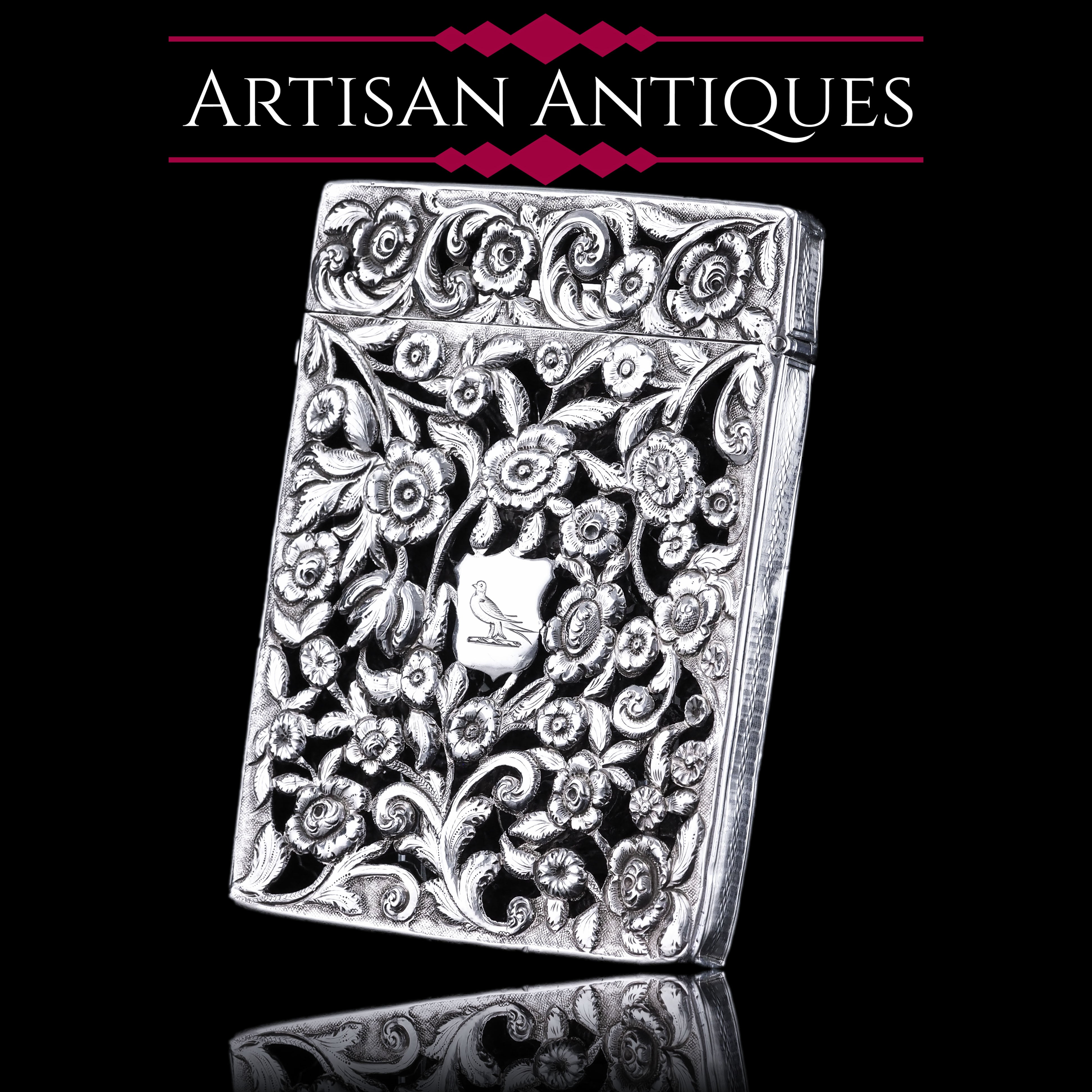 Magnificent Antique Victorian Solid Silver Card Case with Floral