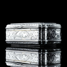 Load image into Gallery viewer, Antique Solid Silver Table Snuff Box, Cartouche Shape and Engraved - Edward Smith 1854
