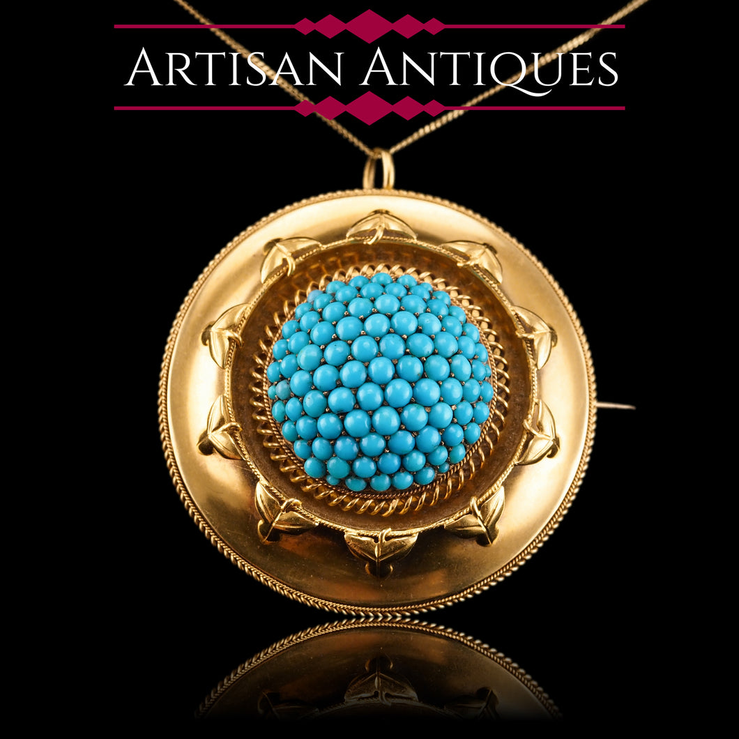 Antique Victorian Turquoise Pendant Necklace/Brooch 18ct Gold Etruscan Revival Design - c.1880