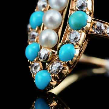 Bague Marquise Antique Or 18k - Perles & Turquoise - Taille 43 - Environ 1920 - Occasion