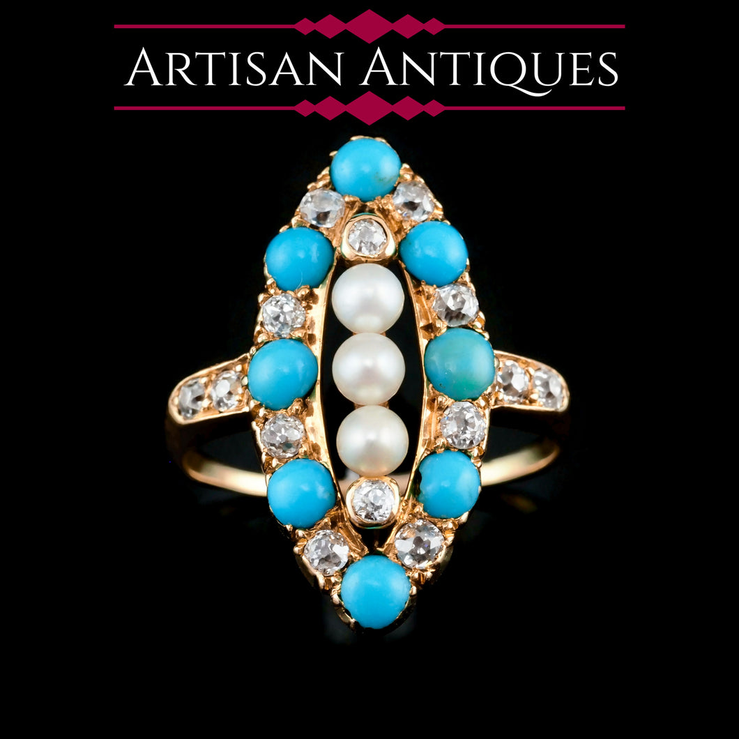Antique Victorian Diamond, Pearl & Turquoise 18ct Gold Ring Navette/Marquise Cluster Design - c.1880