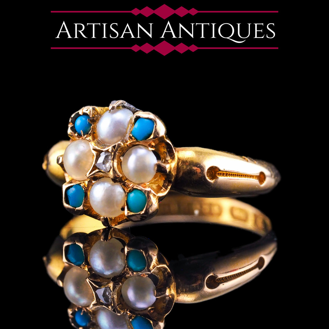 Antique Turquoise, Diamond & Pearl Ring 15ct Gold Victorian Flower Cluster Design - 1897
