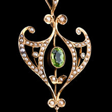 Load image into Gallery viewer, Antique Edwardian Peridot and Pearl Pendant Necklace 9K Gold Art Nouveau c.1900
