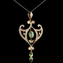 Load image into Gallery viewer, Antique Edwardian Peridot and Pearl Pendant Necklace 9K Gold Art Nouveau c.1900
