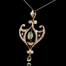 Load image into Gallery viewer, Antique Edwardian Peridot and Pearl Pendant Necklace 9K Gold Art Nouveau c.1900
