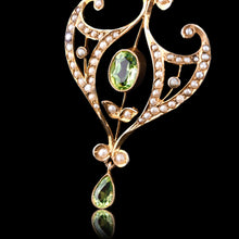 Load image into Gallery viewer, Antique Edwardian Peridot and Pearl Pendant Necklace 9K Gold Art Nouveau c.1900
