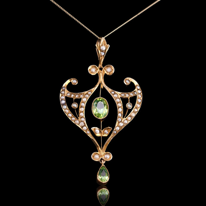 Antique Edwardian Peridot and Pearl Pendant Necklace 9K Gold Art Nouveau c.1900