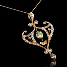Load image into Gallery viewer, Antique Edwardian Peridot and Pearl Pendant Necklace 9K Gold Art Nouveau c.1900

