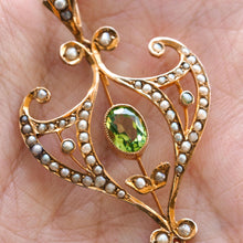 Load image into Gallery viewer, Antique Edwardian Peridot and Pearl Pendant Necklace 9K Gold Art Nouveau c.1900
