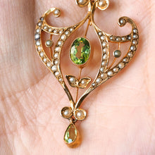 Load image into Gallery viewer, Antique Edwardian Peridot and Pearl Pendant Necklace 9K Gold Art Nouveau c.1900
