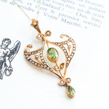 Load image into Gallery viewer, Antique Edwardian Peridot and Pearl Pendant Necklace 9K Gold Art Nouveau c.1900
