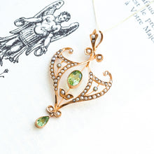 Load image into Gallery viewer, Antique Edwardian Peridot and Pearl Pendant Necklace 9K Gold Art Nouveau c.1900
