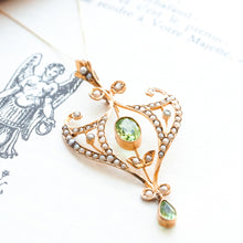 Load image into Gallery viewer, Antique Edwardian Peridot and Pearl Pendant Necklace 9K Gold Art Nouveau c.1900
