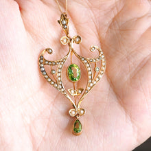 Load image into Gallery viewer, Antique Edwardian Peridot and Pearl Pendant Necklace 9K Gold Art Nouveau c.1900
