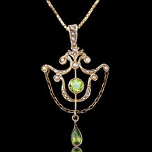 Load image into Gallery viewer, Antique Edwardian Peridot &amp; Seed Pearl Pendant Necklace 9K Gold - 1909
