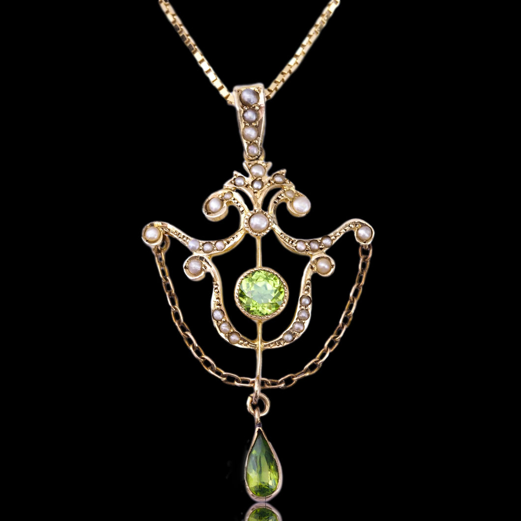 Antique Edwardian Peridot & Seed Pearl Pendant Necklace 9K Gold - 1909