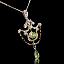 Load image into Gallery viewer, Antique Edwardian Peridot &amp; Seed Pearl Pendant Necklace 9K Gold - 1909
