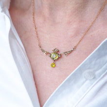 Load image into Gallery viewer, Antique Edwardian Peridot &amp; Pearl Necklace 9K Gold Art Nouveau c.1900
