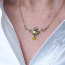 Load image into Gallery viewer, Antique Edwardian Peridot &amp; Pearl Necklace 9K Gold Art Nouveau c.1900
