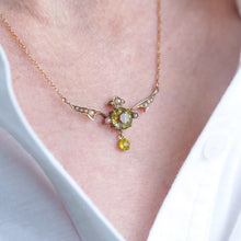Load image into Gallery viewer, Antique Edwardian Peridot &amp; Pearl Necklace 9K Gold Art Nouveau c.1900
