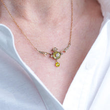 Load image into Gallery viewer, Antique Edwardian Peridot &amp; Pearl Necklace 9K Gold Art Nouveau c.1900

